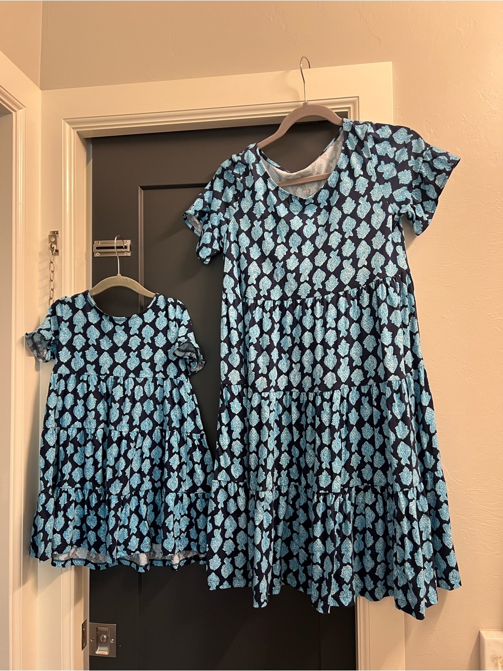 Mommy and me matching Jodee navy and blue fish print dresses
